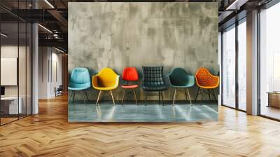 Row of colorful modern chairs against a textured wall, hiring concept Wall mural