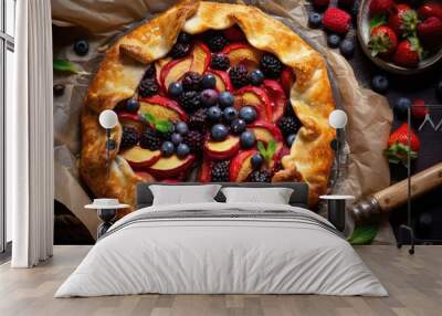 rustic fruit tart with flaky pastry and handful of fresh berries, created with generative ai Wall mural