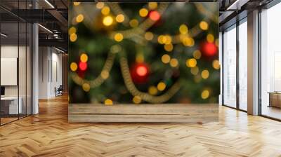 rustic wood table in front of christmas light night, abstract circular bokeh background Wall mural