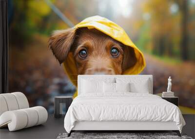 A dog in a yellow raincoat and umbrella stands in the rain on an autumn cloudy day Wall mural