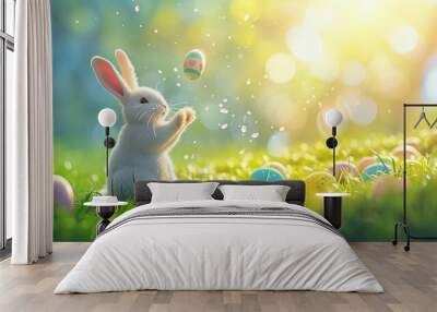 Cute fluffy Easter white bunny catching heavenly flying easter eggs in spring grass with dew at sunny morning Wall mural