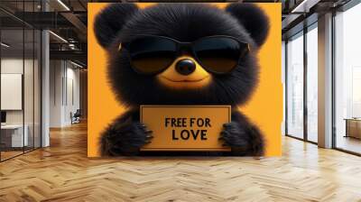 Cute teddy bear wearing sunglasses holding sign saying 