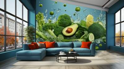 Green Broccoli, cucumber and avocado. Healthy vitamin fresh green vegetables Wall mural