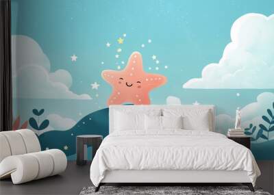 Illustration of a pink starfish is smiling while sitting on a blue rock in the middle of the sea. The sky is blue with white clouds and stars. The sea bed has coral reefs and seaweed Wall mural