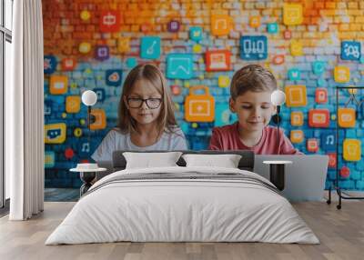 Two children, a boy and a girl, sitting at laptops and studying, online school, online courses, programming, online learning Wall mural