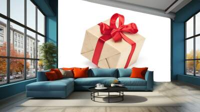 Gift box with red ribbon bow, isolated on white background Wall mural