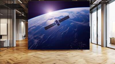 Satellite orbiting Earth with visible continents under the sunlight. Wall mural