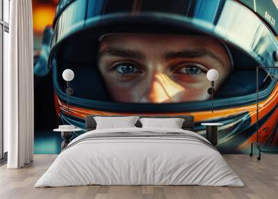 Focused Formula 4 Race Car Driver With Determined Eyes Behind A Sleek Helmet: Capturing The Intensity Of Speed And Precision On The Track Wall mural