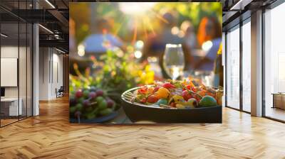 Sunlit Outdoor Dinner Party: Freshly Grilled or fresh 
Vegetables on Wooden Table Wall mural