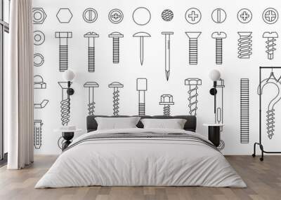 Screw line icons. Nut nail and bolt. Fixation iron river, metal hardware, hook and drill, outline black instruments. Isolated elements for construction. industry vector utter symbols set Wall mural