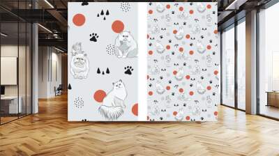 Seamless cute Persian cat pattern. Square format texture, t-shirt, poster, packaging, textile, socks, textile, fabric, decoration, wrapping paper. Trendy hand-drawn white cats. Gift box pattern. Wall mural