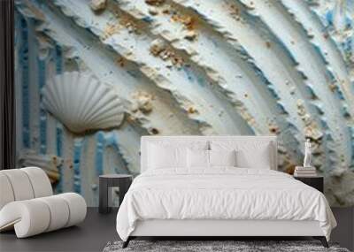 Seashells on a blue and white textured background. AI. Wall mural