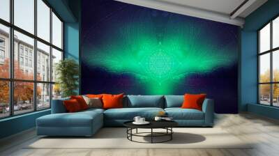 wonderful blurred landscape with transparent geometric patterns and stars, fantastic character in space and flower of life, visionary art, vector Wall mural