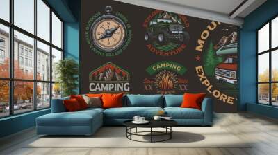 Set of color vintage badges for the camping theme on the dark background. Perfect for posters, apparel, T-shirt design and many other. Layered Wall mural