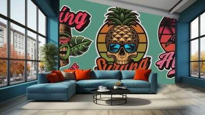 Set of colorful Hawaii surfing illustrations with tiki mask, skull, flamingo. These vectors are perfect for logos, shirt prints, and many other uses as well. Wall mural