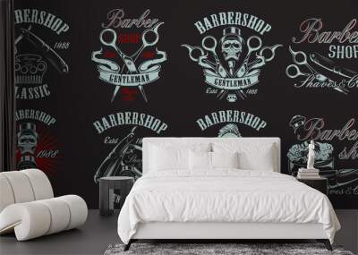 Set of illustration in vintage style for barbershop on the dark backround Wall mural