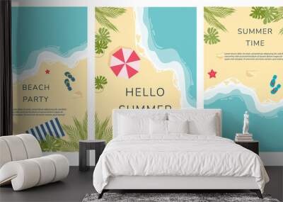 Set of summer travel flyers with beach items and wave. Tropical beach cards with sand, sea and palm trees. Vector illustration Wall mural