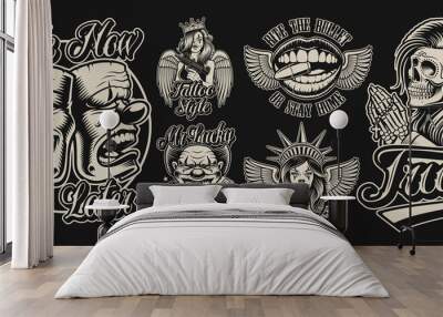 Set of vector illustrations in chicano tattoo style Wall mural