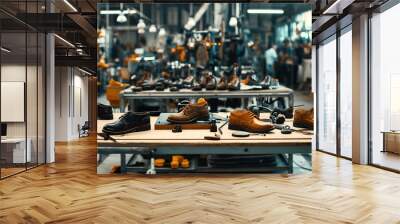 Shoe factory interior with several pairs of shoes displayed on a workbench and shoemaking tools and equipment in the background. Wall mural