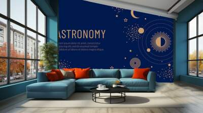 Golden space objects, the sun, planets in orbit and stars on a blue background. Concept for web banner or invitation. Wall mural