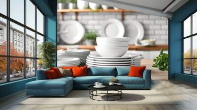 Stacks of clean white dishes on a kitchen counter with fresh herbs and shelves. Wall mural