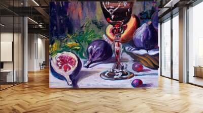 Still life wine and fruits on table oil on canvas original art painting hand made Wall mural