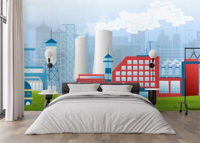 Stock vector illustration of an industrial zone with factories, plants, warehouses, enterprises in the flat style landscape. Wall mural