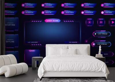 Stream twitch game icons. Buttons and overlay panel frame. Futuristic interface design. Live streaming. Neon user tag. Cyber glow modern name border. Streamers menu bar. Vector UI digital elements set Wall mural