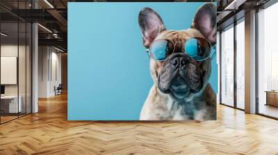 Striking wide-angle shot of a French bulldog in stylish round sunglasses against a serene blue background Wall mural