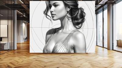 Stylish black and white portrait of a beautiful woman in a modern dress against a minimalistic background Wall mural