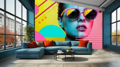 Stylish woman with sunglasses in a vibrant abstract graphic background with geometric shapes. Wall mural