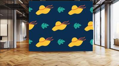 Summer cute pattern. Summer women's hat and monstera on a dark blue background. Flat vector illustration Wall mural