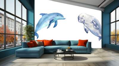 Watercolor rare sea animals dolphin and dugong isolated on white background. Cartoon animals set Wall mural