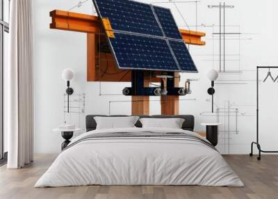 Technical drawing of a solar panel array, showing panel alignment, wiring, and mounting structures, technical drawings, renewable energy design Wall mural