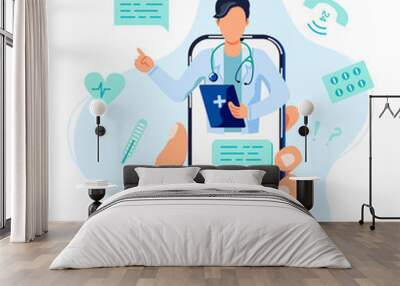 Tele medicine, online doctor and medical consultation concept. Doctor helps a patient on a mobile phone. Flat cartoon style vector illustration. Wall mural