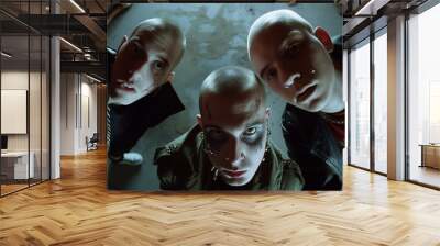 Three bald men with dramatic facial piercings and makeup in a dimly lit, gritty setting Wall mural