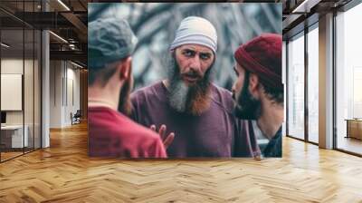 Three men talking and gesturing. AI. Wall mural