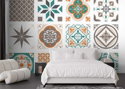 Tile ornament colorful patchwork set, ceramic geometric abstract ornate decoration design Wall mural