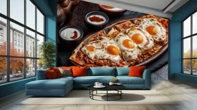 Traditional Turkish food menemen lavash topped with sunny-side-up eggs, cooked in a tomato and pepper sauce, served with yogurt and spices, on a wooden platter. Wall mural