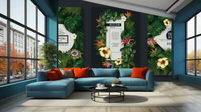 Tropic leaf banner, green jungle plants and exotic flowers. Nature frame with banana and monstera foliage, forest coconut palm, posters with realistic elements. Vector exact flyer design Wall mural