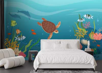 turtle in sea or ocean waters, underwater tropical wildlife vector illustration. cartoon aquatic ani Wall mural