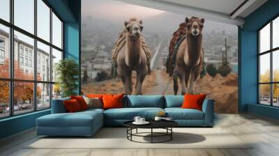 Two camels standing on a dirt road with a city in the background. Generative AI. Wall mural