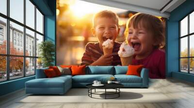 Two children eating ice cream cones at a table. Generative AI. Wall mural