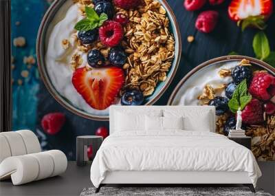 Two healthy bowls with ingredients granola fruits, greek yogurt and berries, top view, Weight loss, healthy lifestyle and eating concept, space for text Wall mural