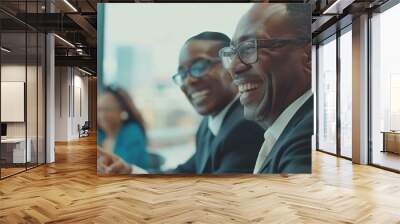 Two men in suits smiling at each other while looking down. Generative AI. Wall mural