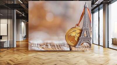 two sports medals next to the Eiffel Tower figurine, wooden background Wall mural