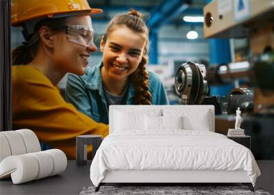 Two young women working together on machinery in an industrial setting, smiling and engaged in their task. Wall mural