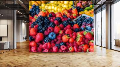 Variety of fresh berries in wooden boxes. Ripe blueberries, strawberries, blueberries and raspberries. Wall mural