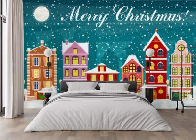 Vector illustration in flat style cityscape with colorful houses with snow in night time with sky and moon. The city in christmas. Wall mural