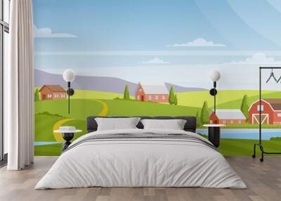 Vector illustration of beautiful rural landscape, farm and fields, river and mountains on background. Countryside concept, nature. Summer rural landscape and pastures in flat cartoon style. Wall mural